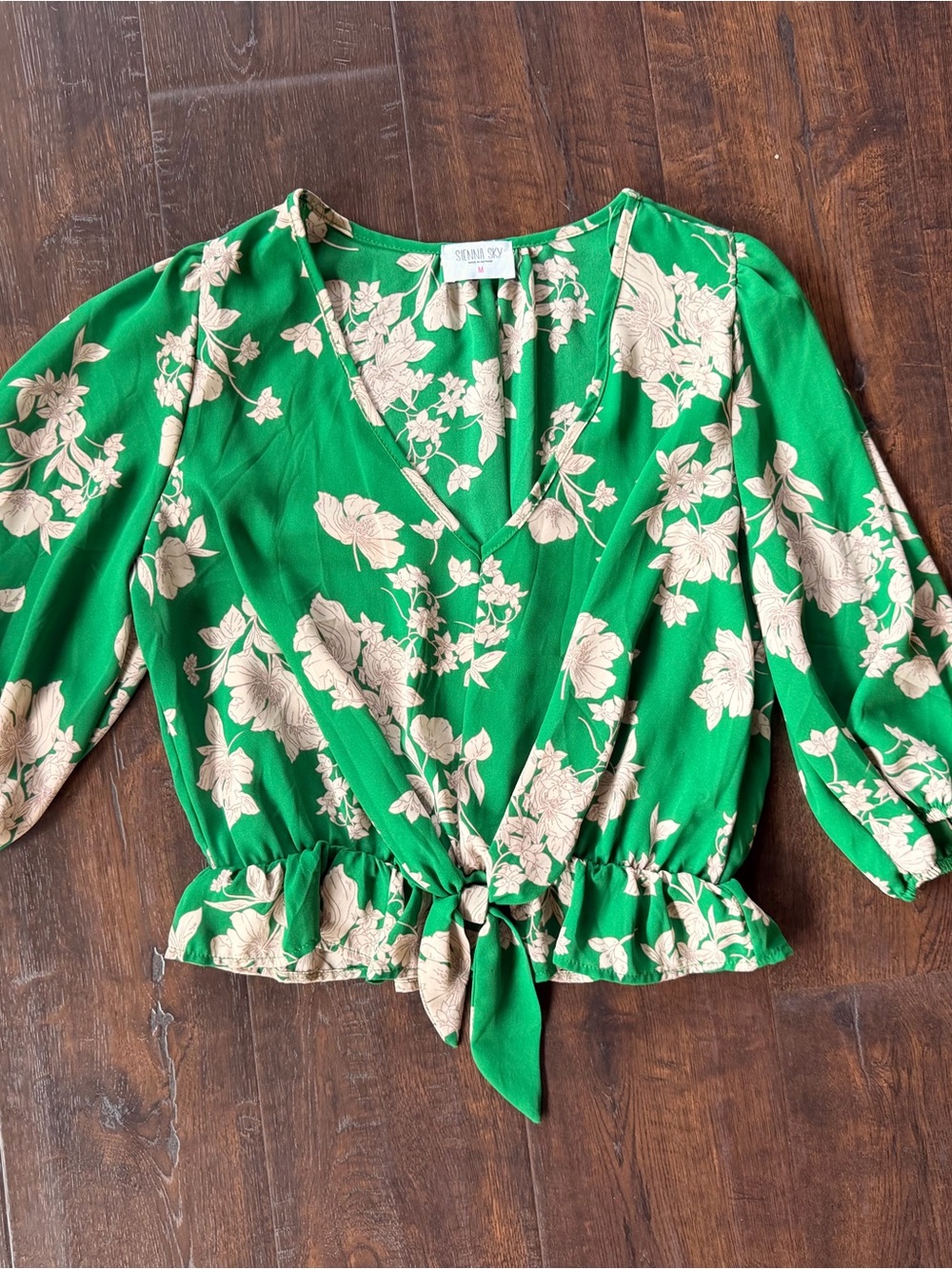 Sienna Sky Green Floral Wrap Tie-Front Cropped Blouse